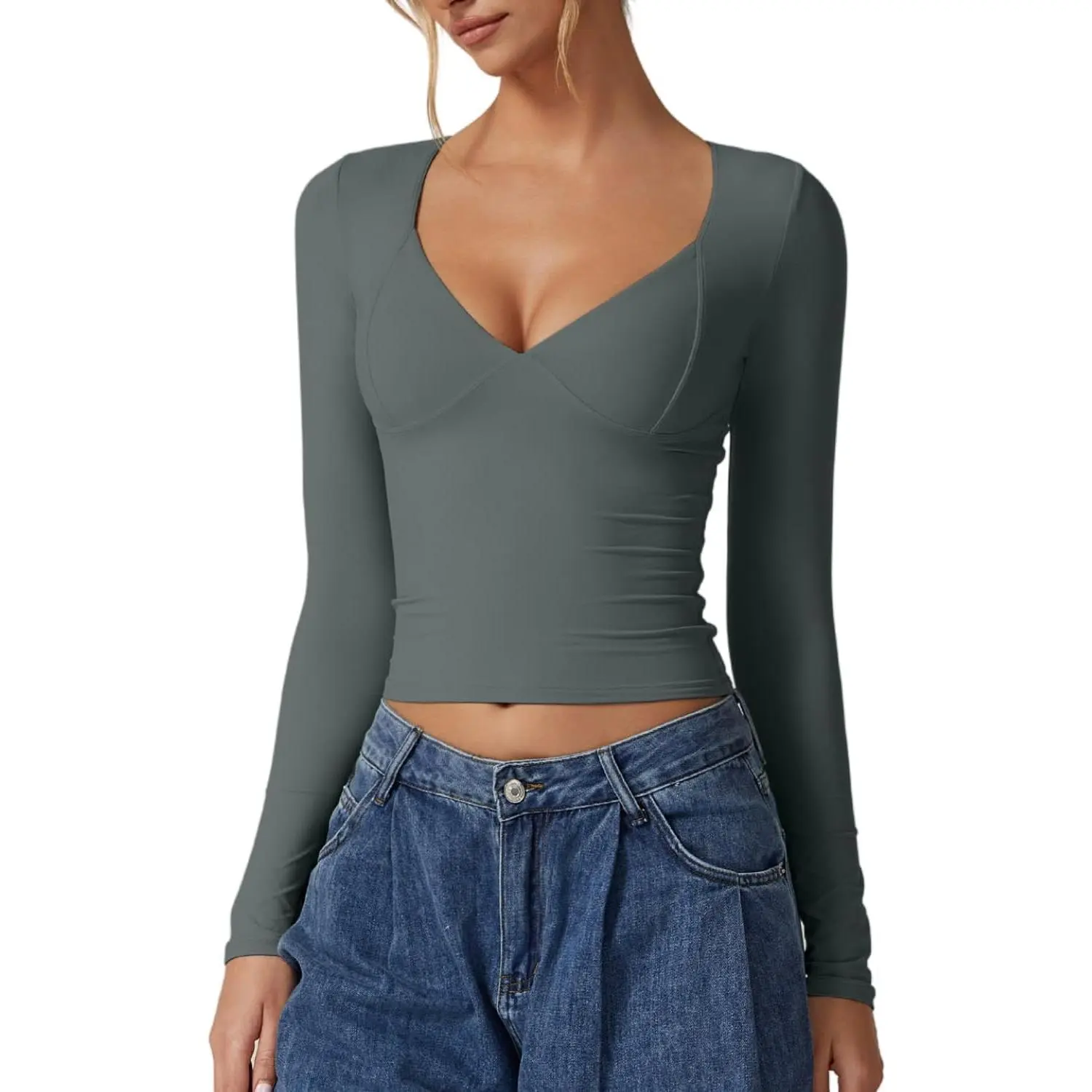 QINSEN Women's Long Sleeve V Neck T Shirts Double Lined Crop Top Seamed Cup Going Out Tops