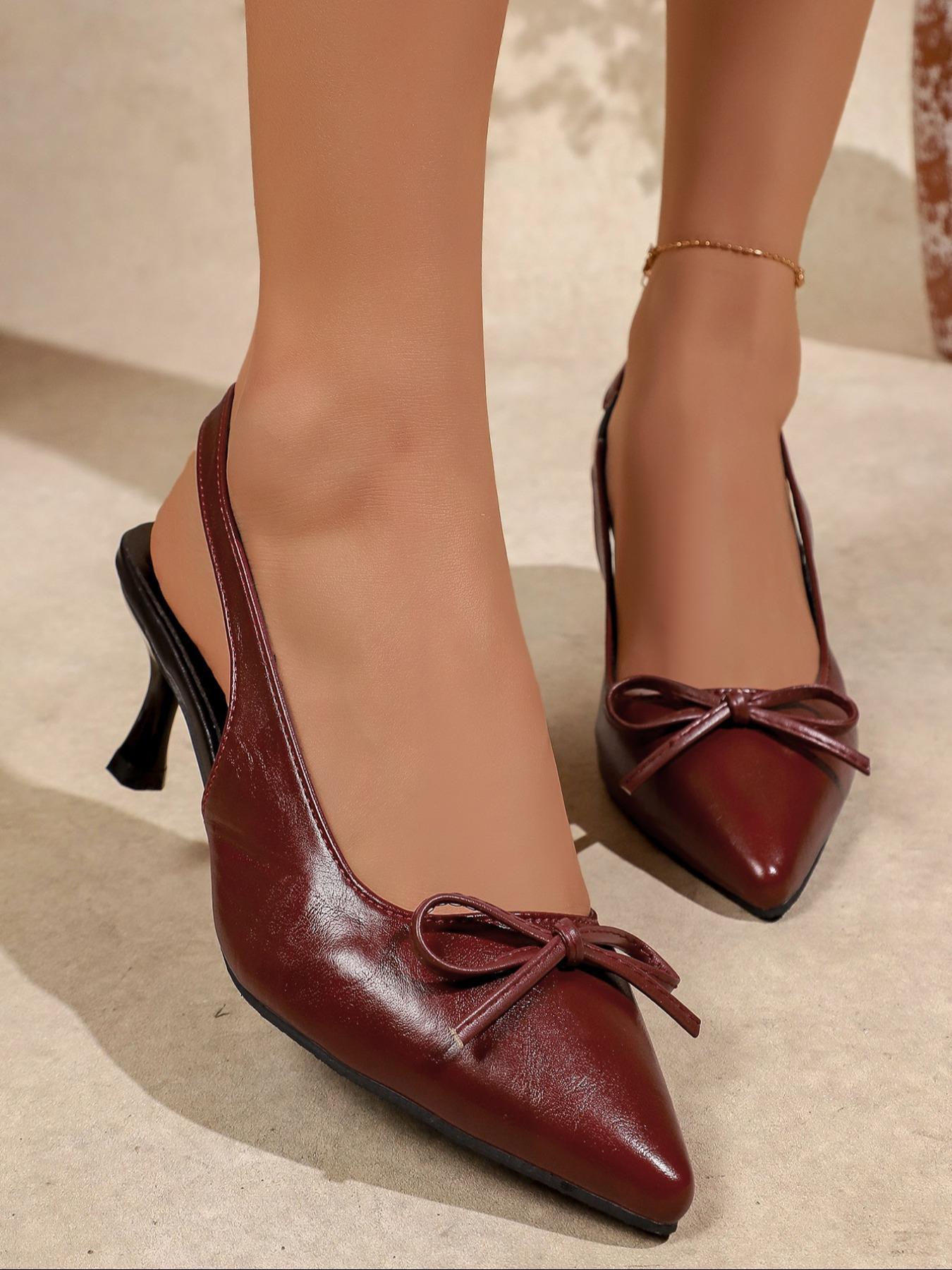 Women's Burgundy Bow Pointed Toe Slingback Kitten Heels, Vintage Elegant Coquette-Chic Style, Party Pumps #VintageElegantShoes, #BurgundyBowHeels, #CoquetteSummerSandals