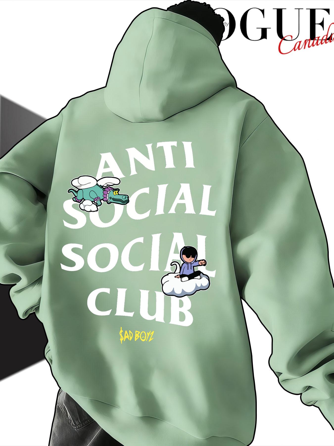 Men's Hooded Sweatshirt Fall Anti Social Social Club Cartoon Print, Casual Loose-Fit Streetwear, Trendy Drop Shoulder Top