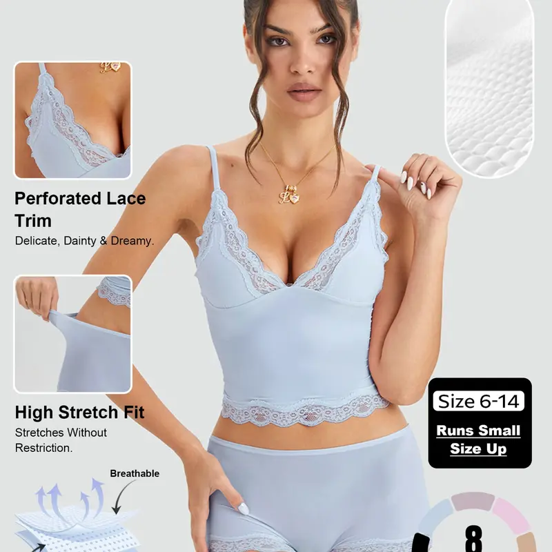 Women's Elegant Thin Straps Lace Trim Seamless Bralette Set, Breathable V Neck Tank Top & Underwear, Comfortable Moisture-Wicking Lingerie Fit #TikTokMadeMeBuyIt #CasualChic#MatchingSet