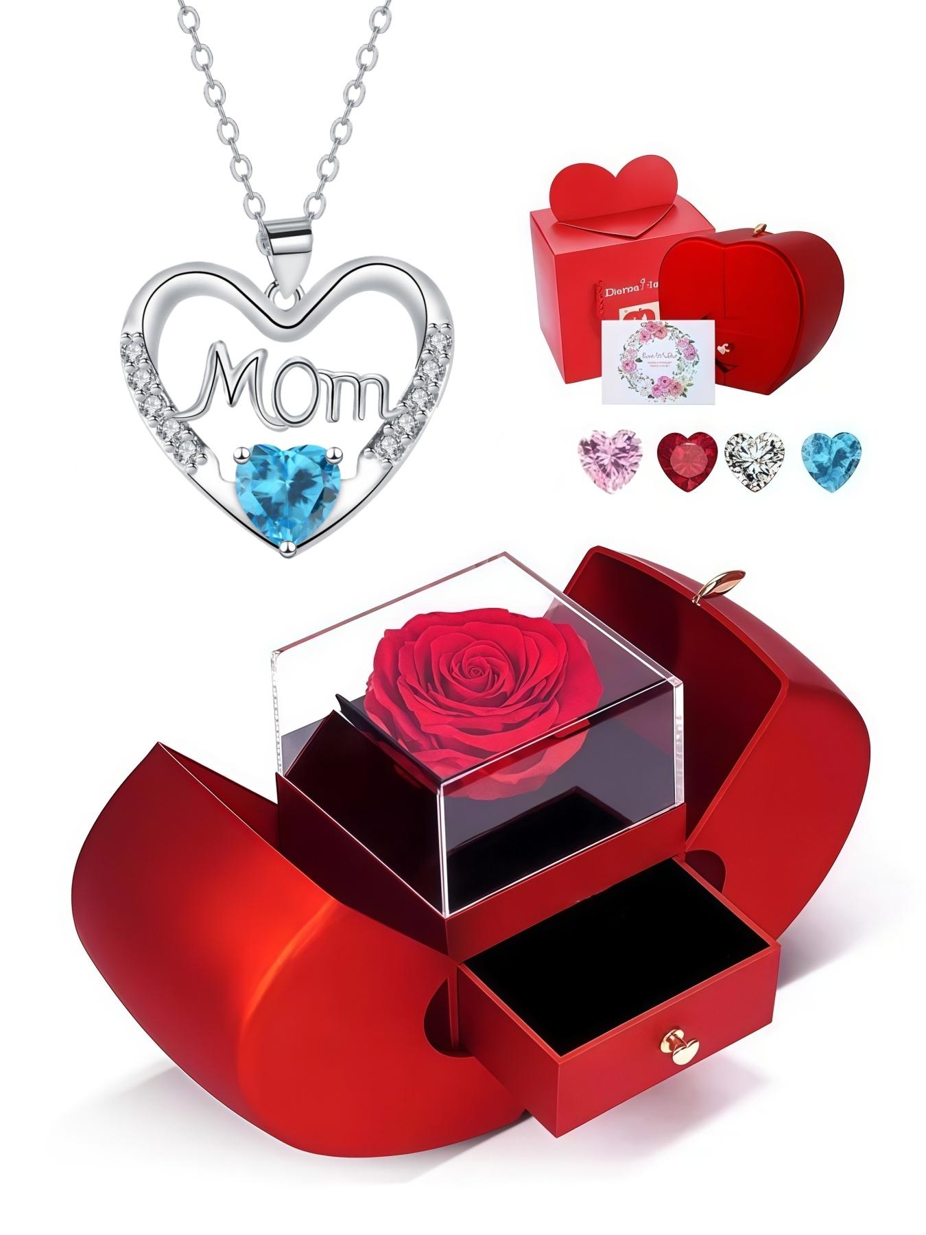 Heartprint of Motherly Love Original MOM luxury premium heart-shaped gem necklace.Paired with an apple-shaped preserved rose jewelry gift box.Ideal gift for birthdays, Mother’s Day, Valentine’s Day and Christmas.