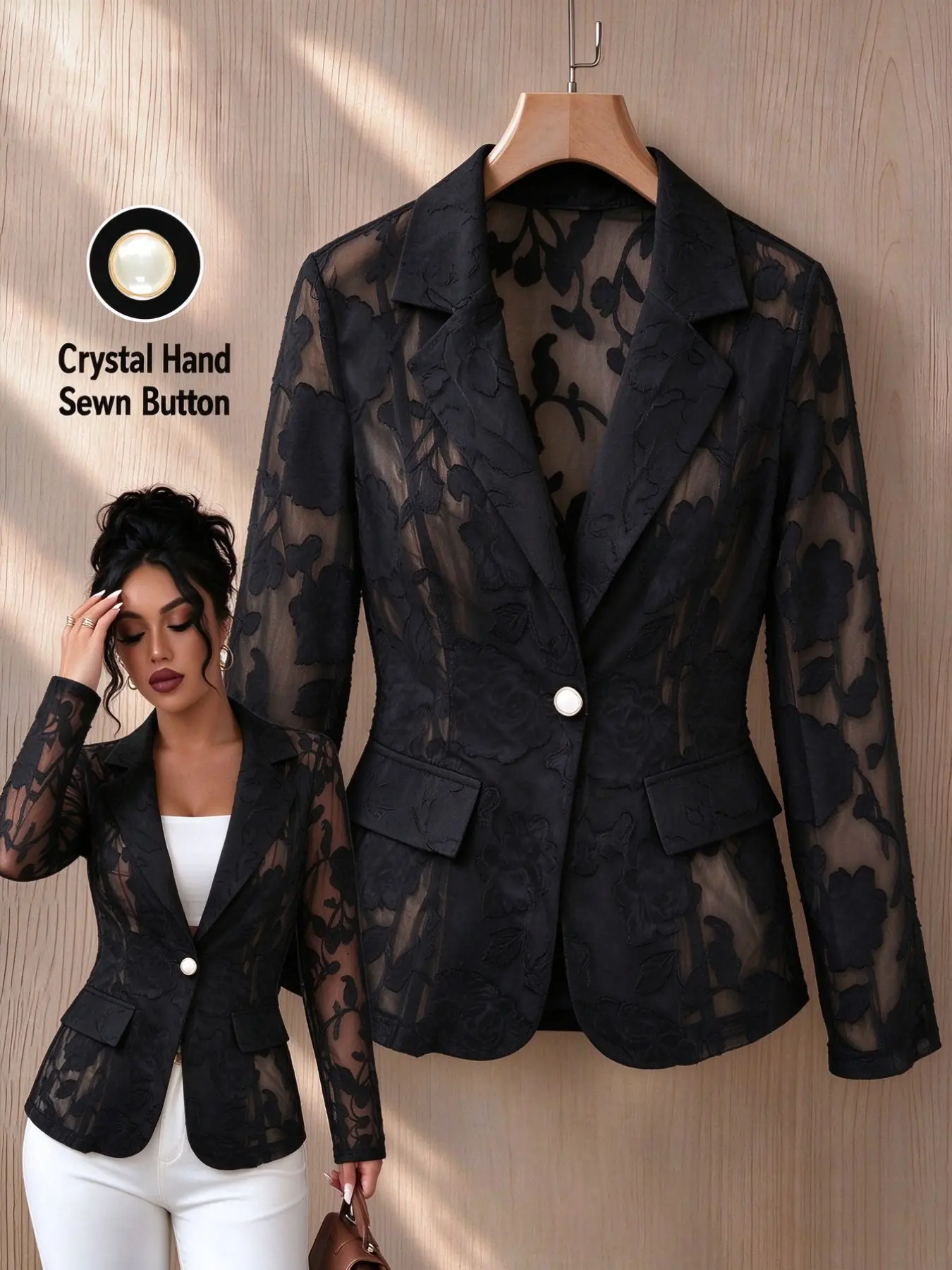 Women Sheer Floral Jacquard Blazer Jacket, Long Sleeve Lapel Single Crystal Hand‑sewn Button Slim Fit Black Mesh Suit Coat, Elegant See‑through Outerwear for Office Business Party Daily Casual Wear, Lightweight Transparent Floral Lace Style Women’s Dressy