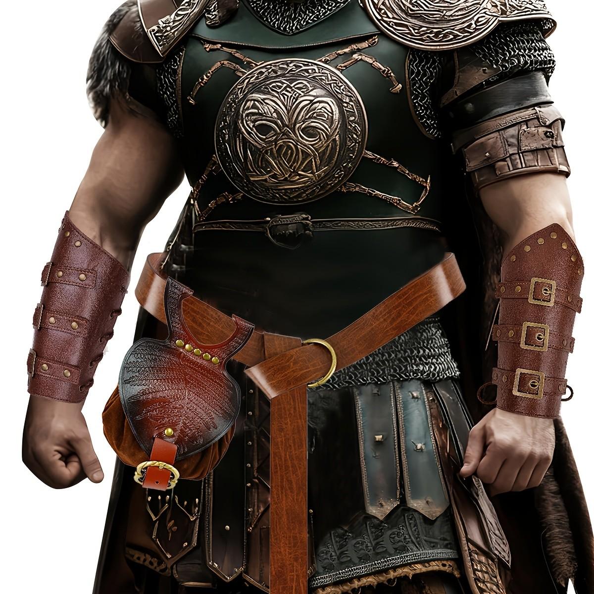 4pcs Medieval Knight Buckle Wrist Guards, Leaf Texture Waist Bag, PU Leather Belt, Halloween Costume Accessory, Unisex Role Play Props