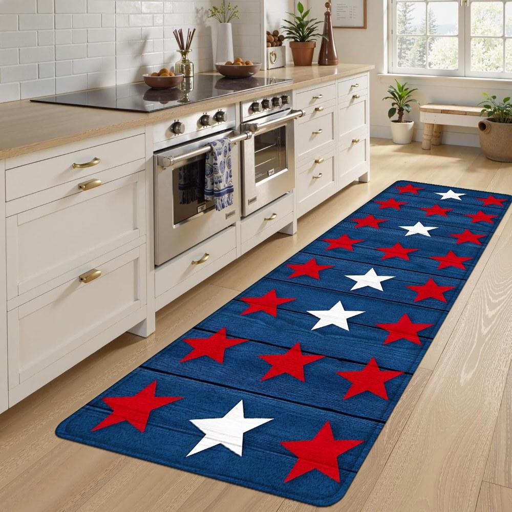 1PC， Red and White Stars on Blue Background Patterned strip rugs, home décor, bathroom mats, entryway mats, bathroom non-slip mats, indoor entrance rugs, bedroom bedside mats, kitchen mats, hallway rugs, flannel sponge rugs, hallway runner rugs