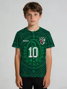 Children's sports short-sleeved top, a Mexico football-themed T-shirt with a dark green Virgin Mary image, made of high-elasticity quick-drying fabric, featuring a number 10 print, suitable for football training, fan support, and summer leisure scenarios
