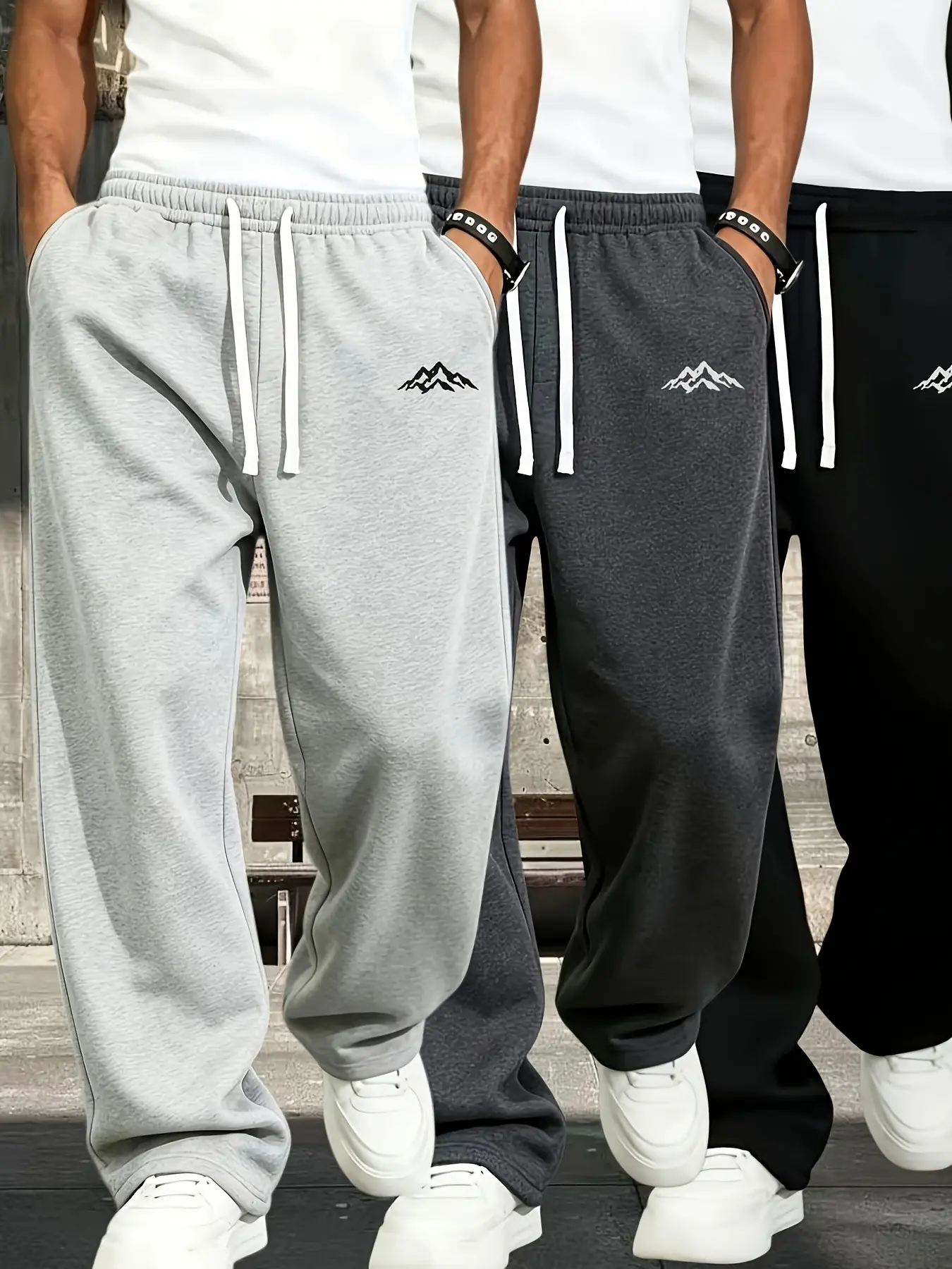 3-Pack Men's Elastic Waist Drawstring Sports Pants, Fall Winter Fleece Loose Straight Leg Casual Pants, Soft Knit Jogging Pants for Outdoor Wear