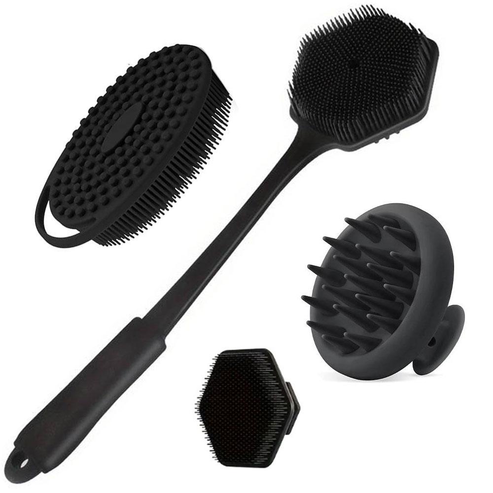 Silicone Bath Brush Set, Long Handle Back Cleaning Brush, Short Handle Shower Brush, Hair Brush and Face Washing Brush, Cleaning Tool, Body Back Scrubber