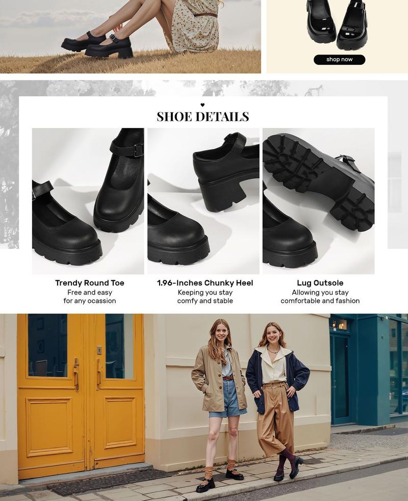 Womens Chunky Mary Janes Shoes Round Toe Platform Ankle Strap Chunky Heel Uniform Dress Shoes