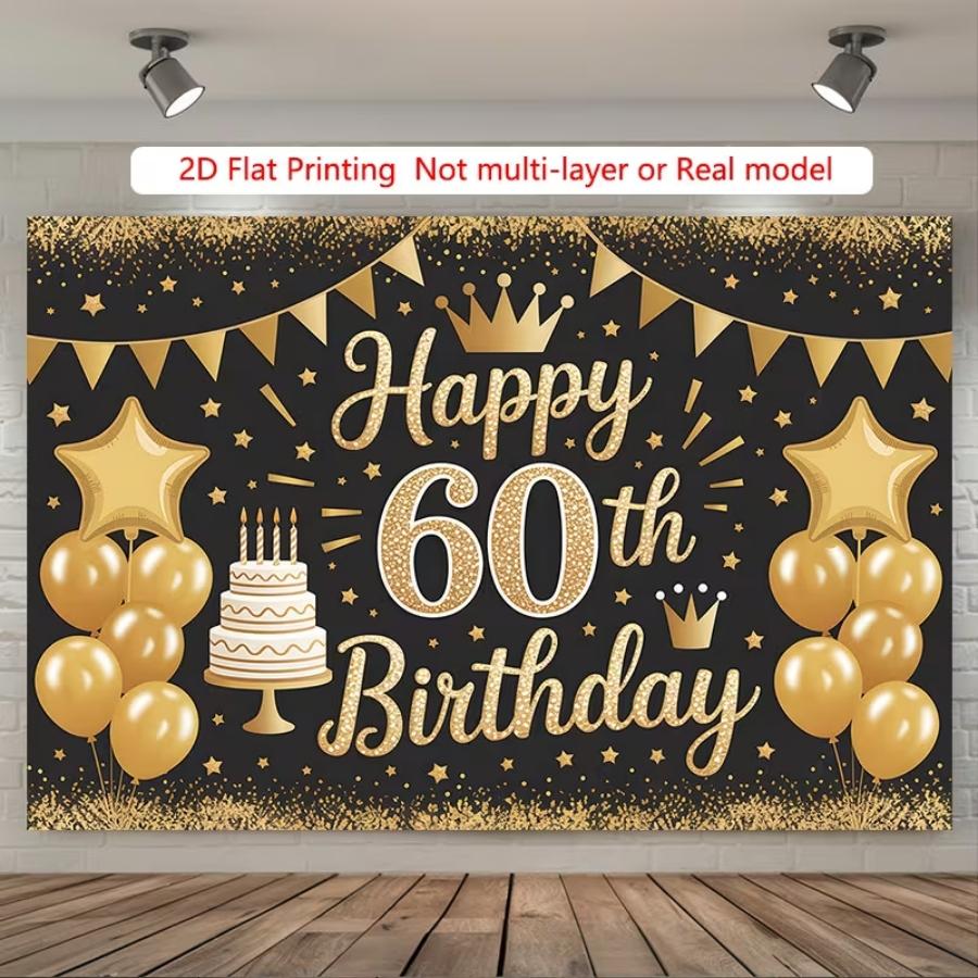 Gold 60th Birthday Banner, Balloon and Confetti Elements, Polyester Material, Party Wall Decor, Ideal for Photoshoots and Celebrations