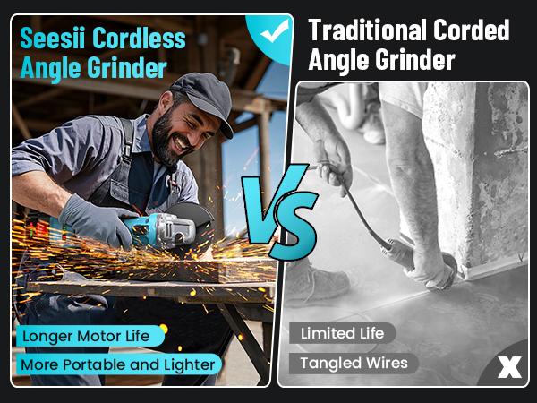 【SEESII】 Cordless Angle Grinder Kit with 2x4.0Ah Batteries, 10000RPM Brushless Electric Metal Grinder w/ 4-1/2" Cutting Wheel, Flap Wheel, and Wool Carving Wheel for Precision Cutting & Grinding