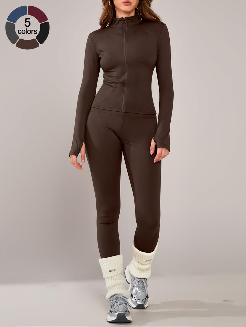 Women's Sporty Yoga Set, High Waist Tight-Fitting Pants, Breathable Long Sleeve Jacket, Fall & Winter Gym Outdoor Running, Yoga Clothes Set