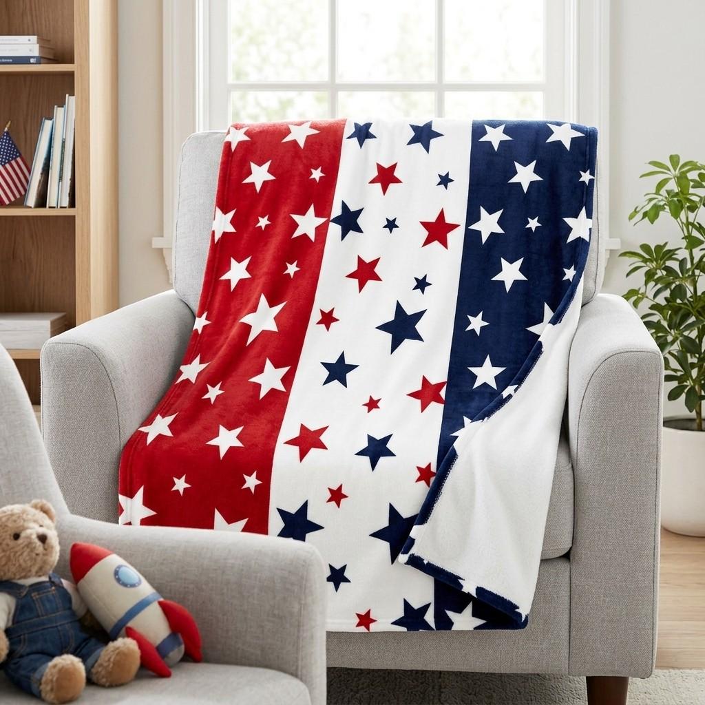 Star Pattern American Flag Themed Blanket, Soft Comfortable Throw Blanket, Cool Bedroom Bedding Blankets for Home Office Travel Dormitory Camping