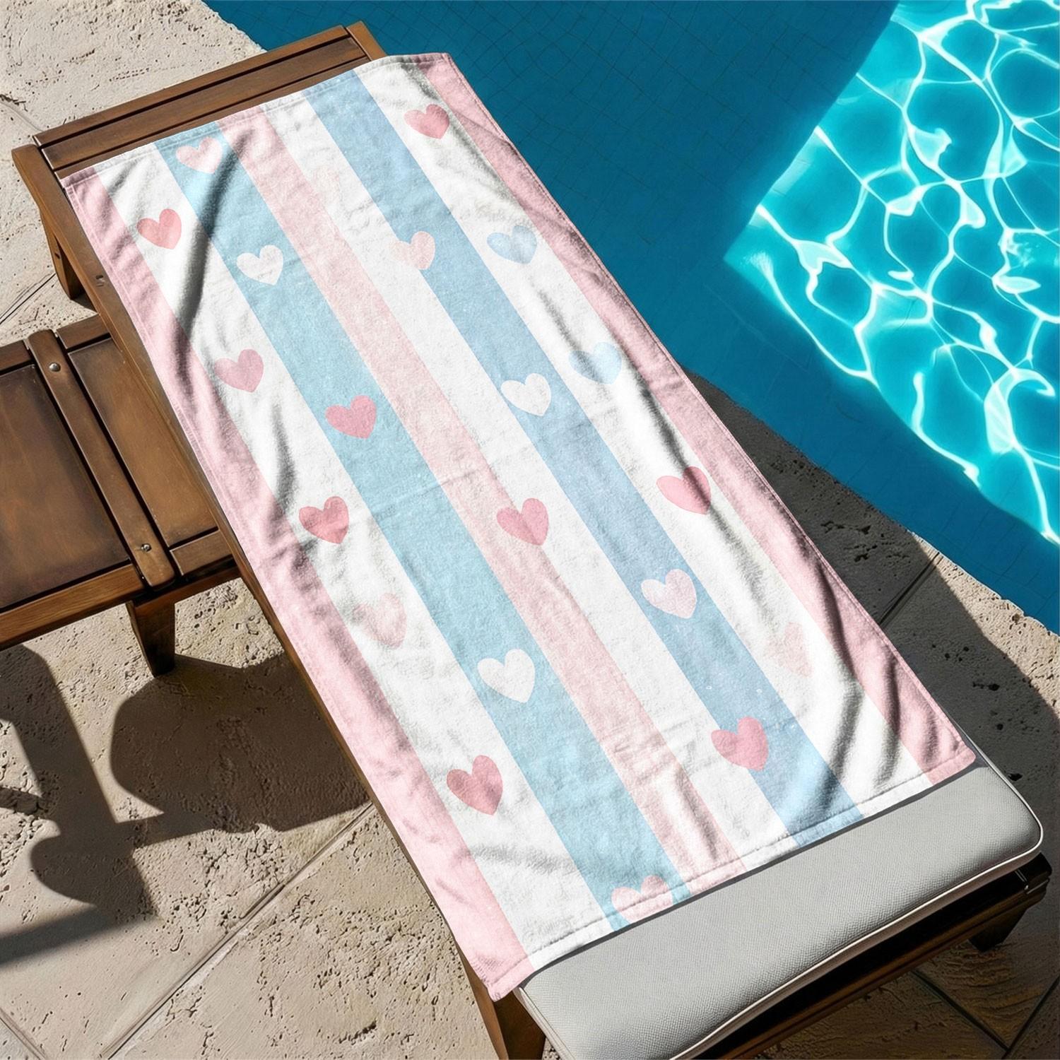 1pc Blue Striped Heart Print Beach Towel, Quick-Dry Sand-Free Ultra-Fine Fiber Bath Towel, Cute Heart Pattern Absorbent Towel