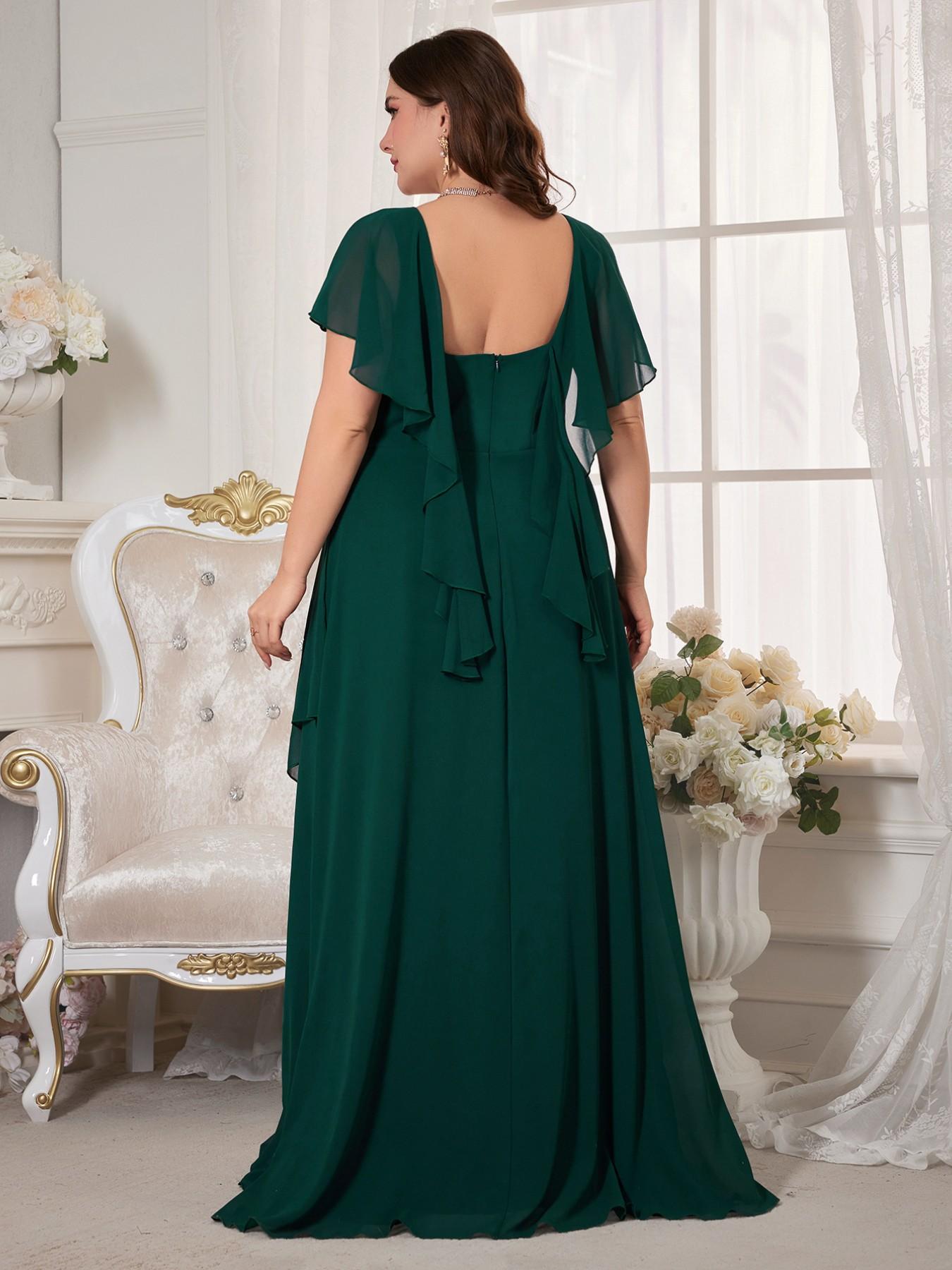 Elegant Chic V-Neck Chiffon Maxi Dress, Formal Plain Fitted Short Sleeve, Ruched Waist, Irregular Hem, Bridesmaid Gown Lady Womenswear for All Seasons