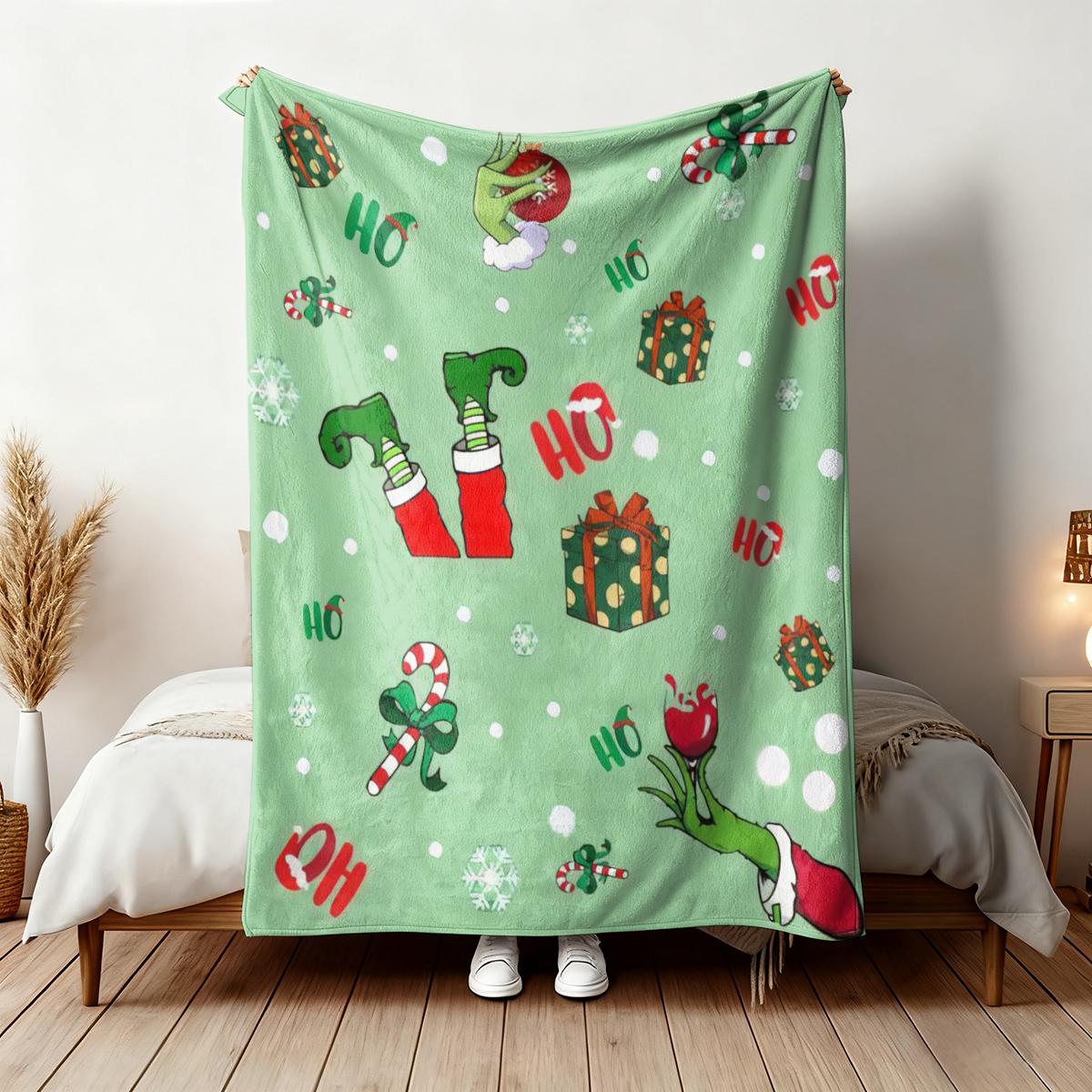 Comfortable Christmas Anime Grinch Gift Blanket, Flannel Blanket for Holiday Gifts, Soft Skin-Friendly Multi-Size Blanket, Perfect Home Decor