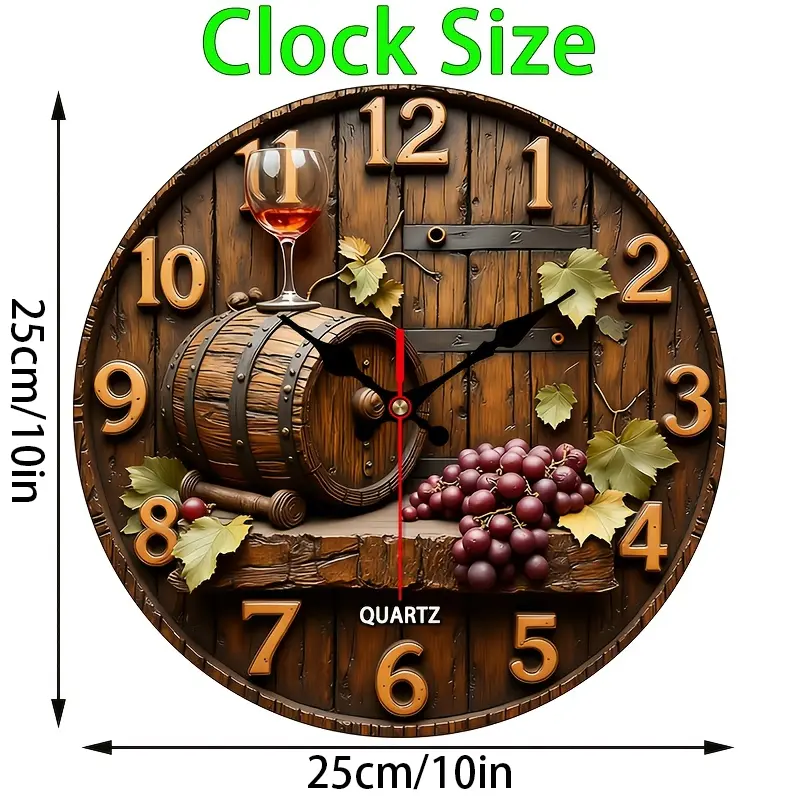 2D flat design. 1 piece set. Vintage Winery Wine Barrel Grape Wall Clock, Silent Decorative Wall Clock, Creative Wall Clock, Suitable for Bedroom, Living Room, Office Decoration, 25/30cm (excluding AA batteries), 2D Flat Version