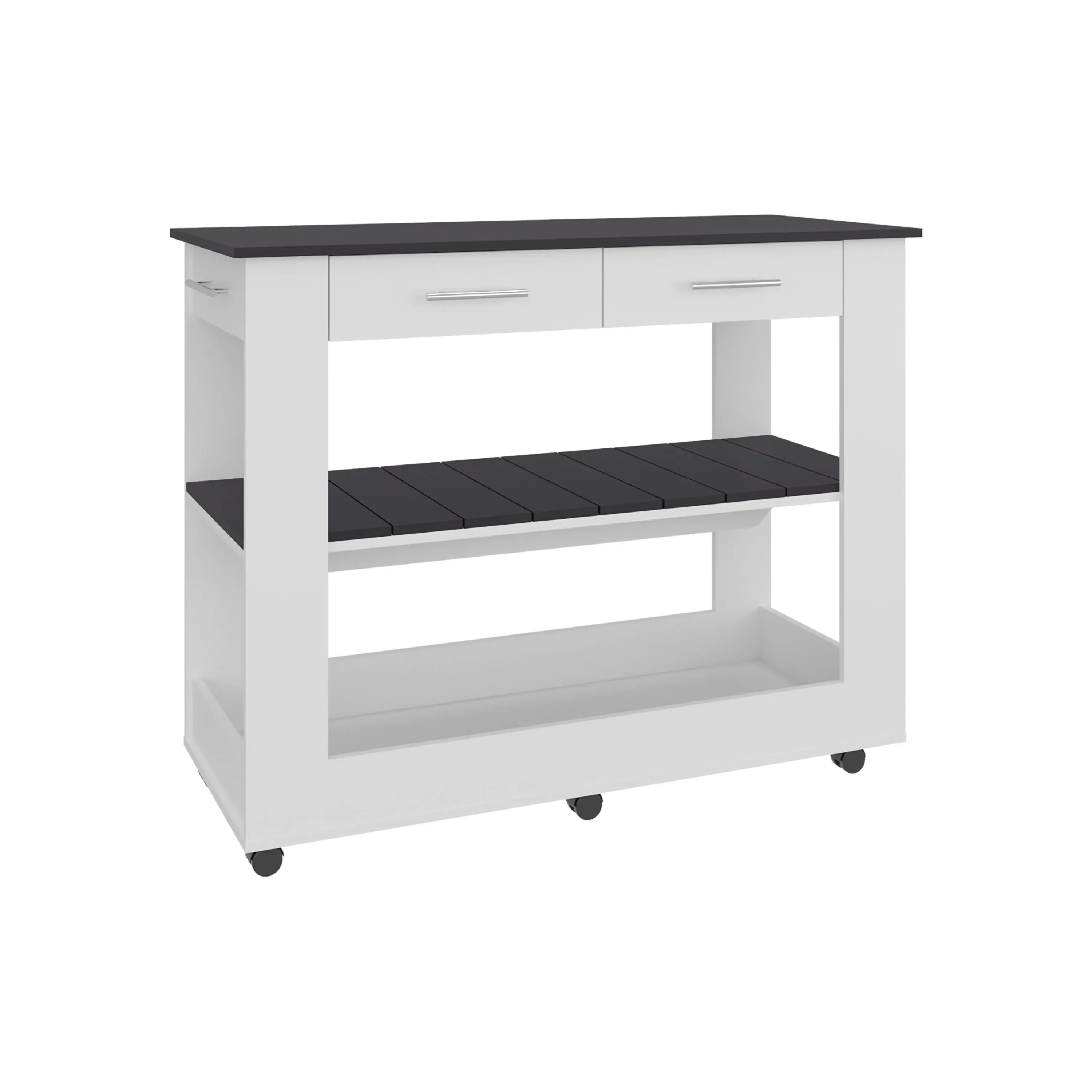 Compact Kitchen Island with Two Drawers, Open Shelves, and Spacious Countertop, White and Walnut Finish, Engineered Wood, 45.96 Inches Wide, Modern Style for Small Kitchens