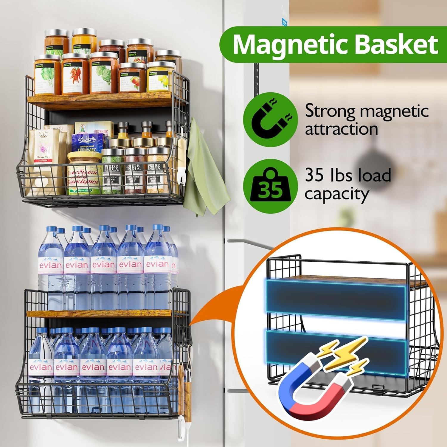 Magnetic Shelf for Fridge with Wood Lid, Fruit Potato and Onion Storage Bins, Pantry Organizers and Storage, Strong Magnetic Spice Rack for Refrigerator, Kitchen Counter and Laundry Room, Wooden