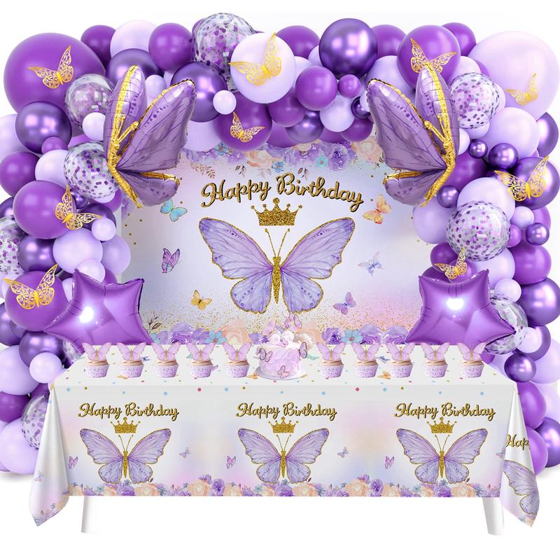 Purple Butterfly Birthday Decorations Pink Balloon Arch Kit Foil Butterfly Balloon,95pc Happy Butterfly Birthday for Girl Baby Shower Party Decor FathersDayGift