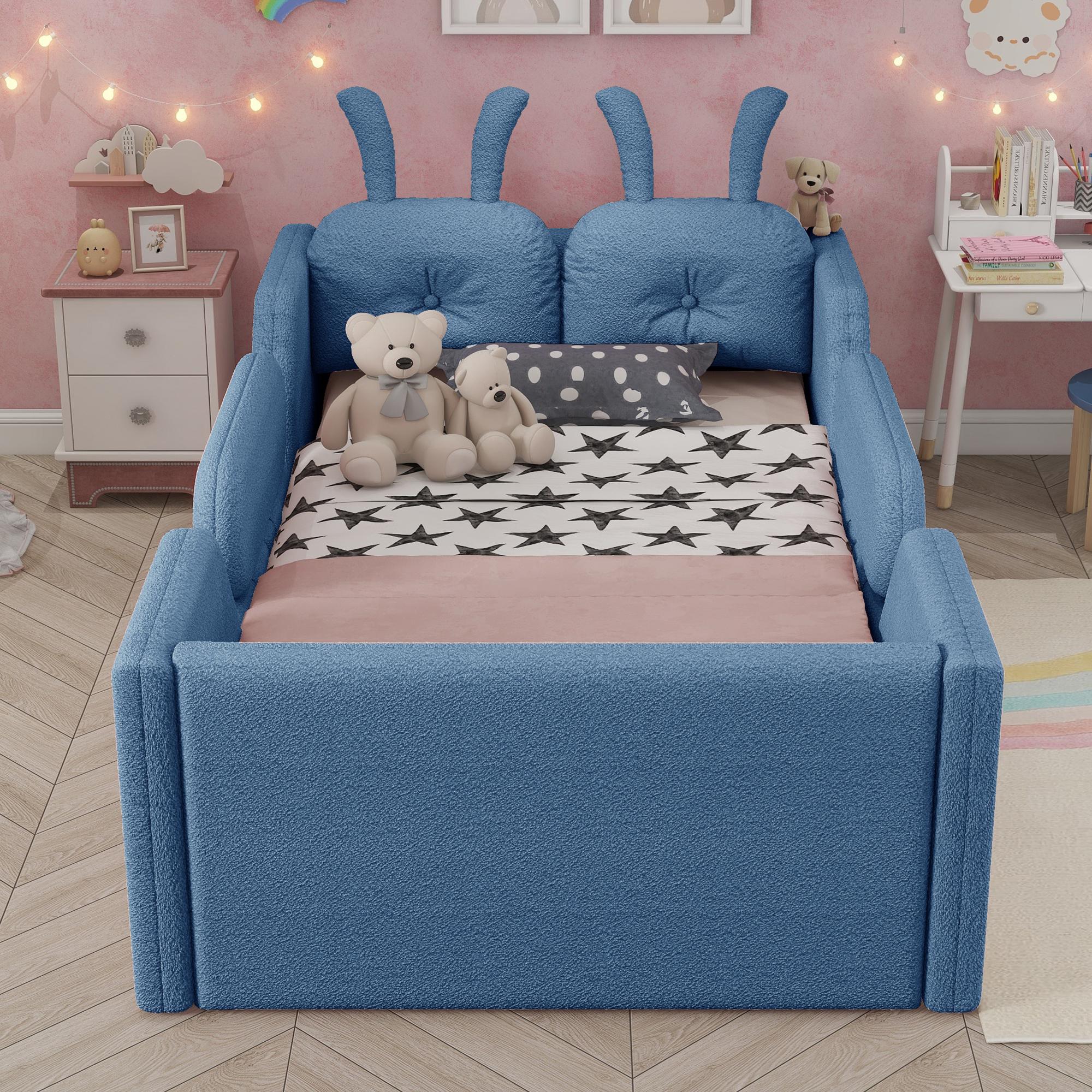 Twin Size Upholstered Floor Bed with 21-Inch Guardrails, Detachable Side Rails & Rabbit-Shaped Cushions, Teddy Fabric Foam Padding, No Box Spring Needed, Fits 8-Inch Mattress Twin Size Upholstered Floor Bed with 21-Inch Guardrails, Detachable Side Rails & Rabbit-Shaped Cushions, Teddy Fabric Foam Padding, No Box Spring Needed, Fits 8-Inch Mattress