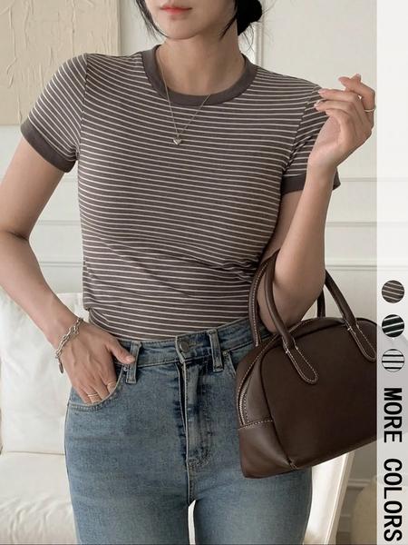 Women's Striped Print Round Neck Tee, Casual Short Sleeve T-shirt, Ladies Summer Clothes for Daily Wear