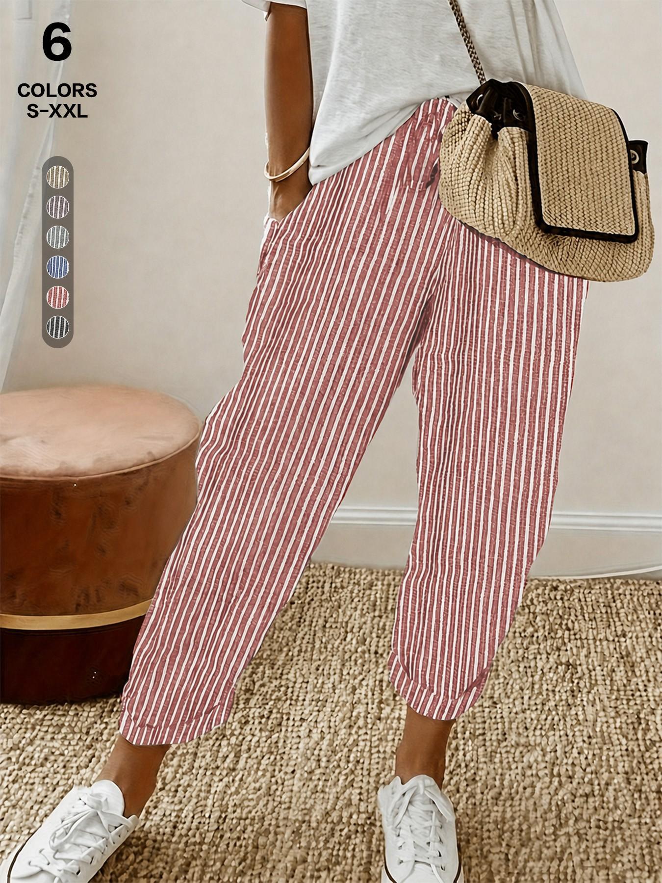Women's 2026 Striped Cropped Jogger Pants, High-Waist Drawstring Design with Side Pockets and Cuffed Ankle Hem, Breathable Lightweight Fabric, Athleisure Style Bottoms