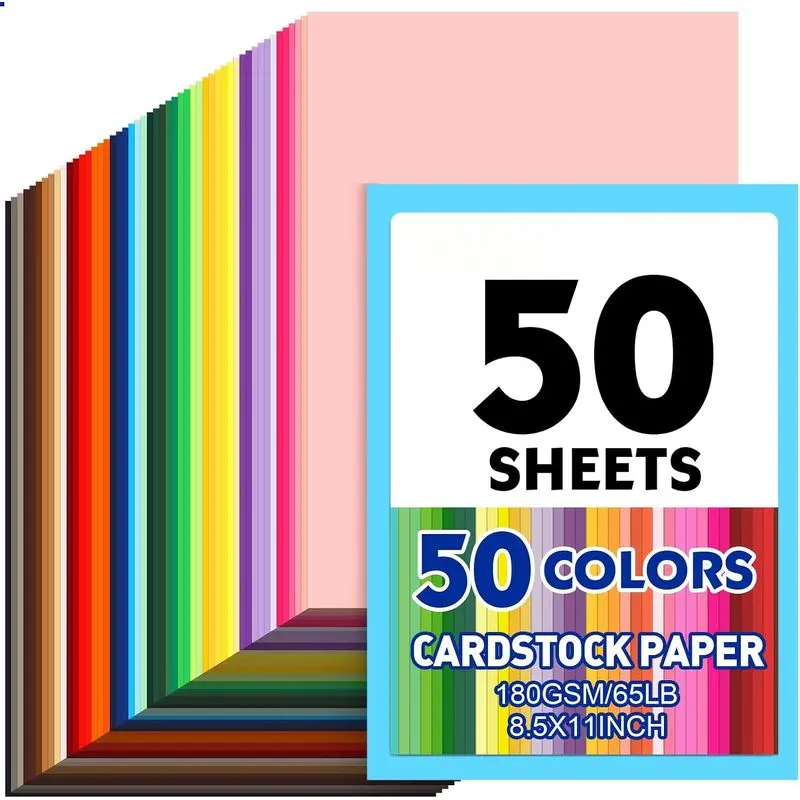 50 Sheets 8.5" x 11" Colored Cardstock Paper, 50 Assorted Colors Heavy Card Stock for DIY Crafts & Scrapbooking