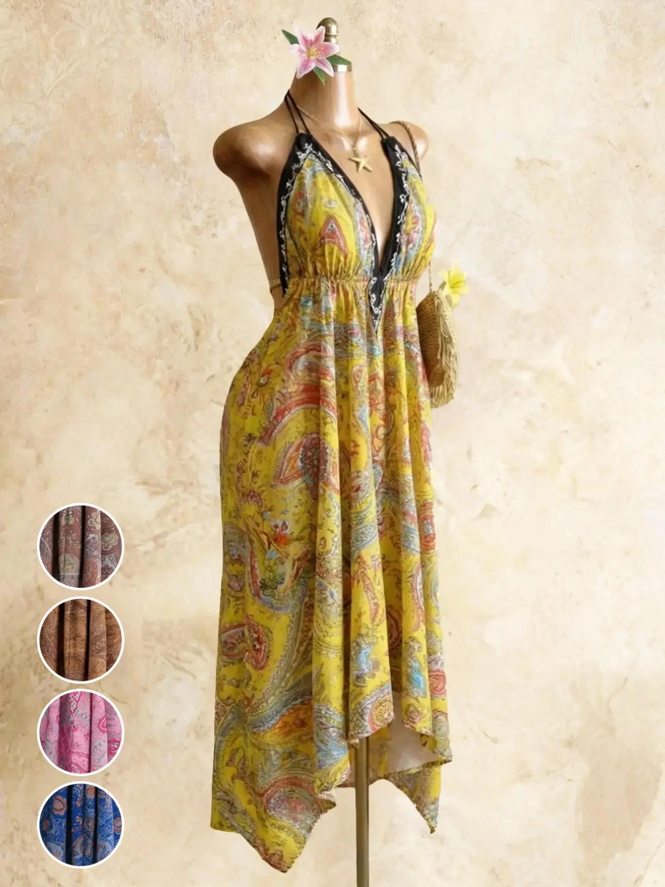 Women's Summer Boho Print Halter Long Dress, Deep V Backless Waist Cinch Sexy Dress, Bohemian, Perfect for Beach Vacation, Date, Daily Wear, Hiking