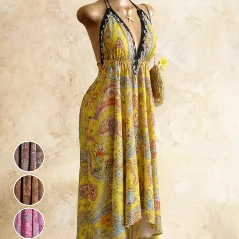 Women's Summer Boho Print Halter Long Dress, Deep V Backless Waist Cinch Sexy Dress, Perfect for Beach Vacation, Date, Daily Wear, Hiking, Boho Printed Dress
