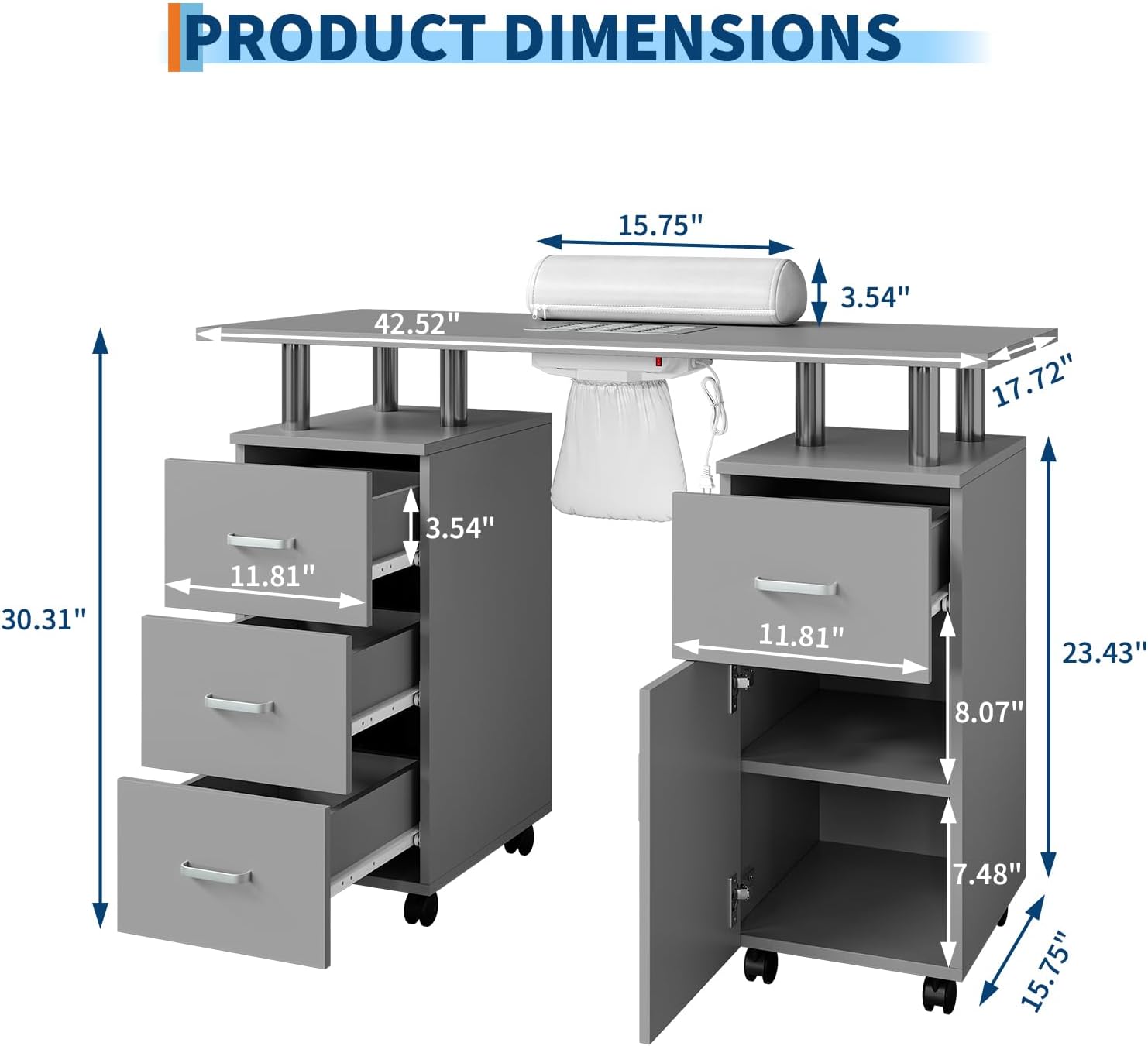 Professional Nail Desk with Electric Dust Collector, Nail Tech Table for Salon & Home Use, 4 Drawers Storage Cabinet, Lockable Wheels & Arm Rest Professional Nail Desk with Electric Dust Collector, Nail Tech Table for Salon & Home Use, 4 Drawers Storage Cabinet, Lockable Wheels & Arm Rest