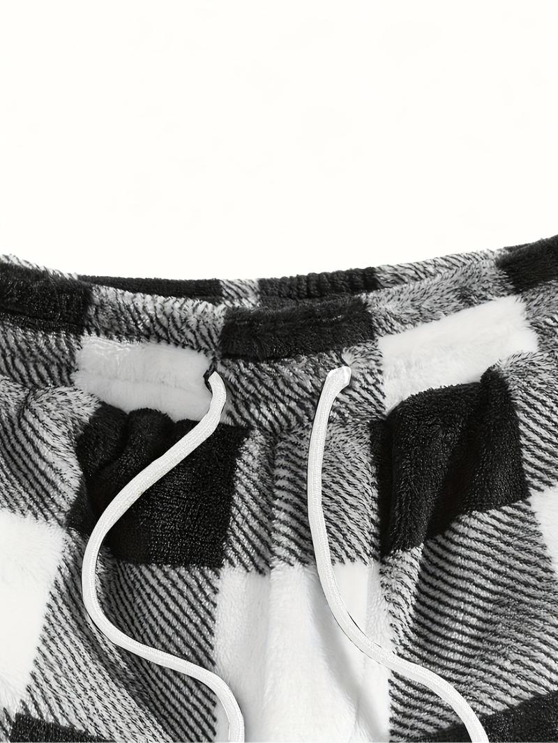 Unisex Plaid Fleece Print Drawstring Pants, Casual Daily Wear, Winter Warm Sleepwear, Christmas Gift, Long Pants
