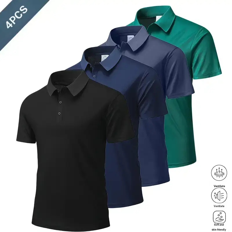 Men’s 4pcs Plain Classic Polo Shirts Set - Menswear, Basic Turn-Down Collar Polyester Tops, Short Regular Sleeves, Clean 2-Button Placket, Athletic Breathable Skin-Friendly Quick-Drying Soft Fabric, Machine Washable, Work-To-Casual Fit