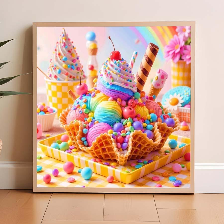 1 set of DIY diamond painting kit, 5D diamond art set, DIY decoration rainbow dessert, ice cream, cherry diamond painting kit full round drill, mosaic, diamond art, DIY art home decoration, suitable for Christmas.