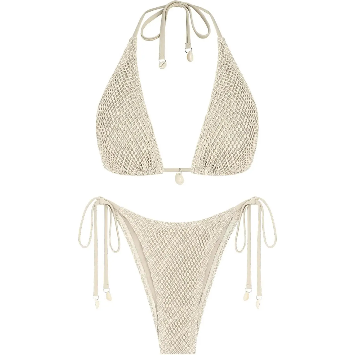 Women's Triangle Bikini Set with Fishnet Tie Side Bandeau Halter, Shell Decorations, Multiway Design, Adjustable Straps, Removable Soft Cups, Tie BackGift