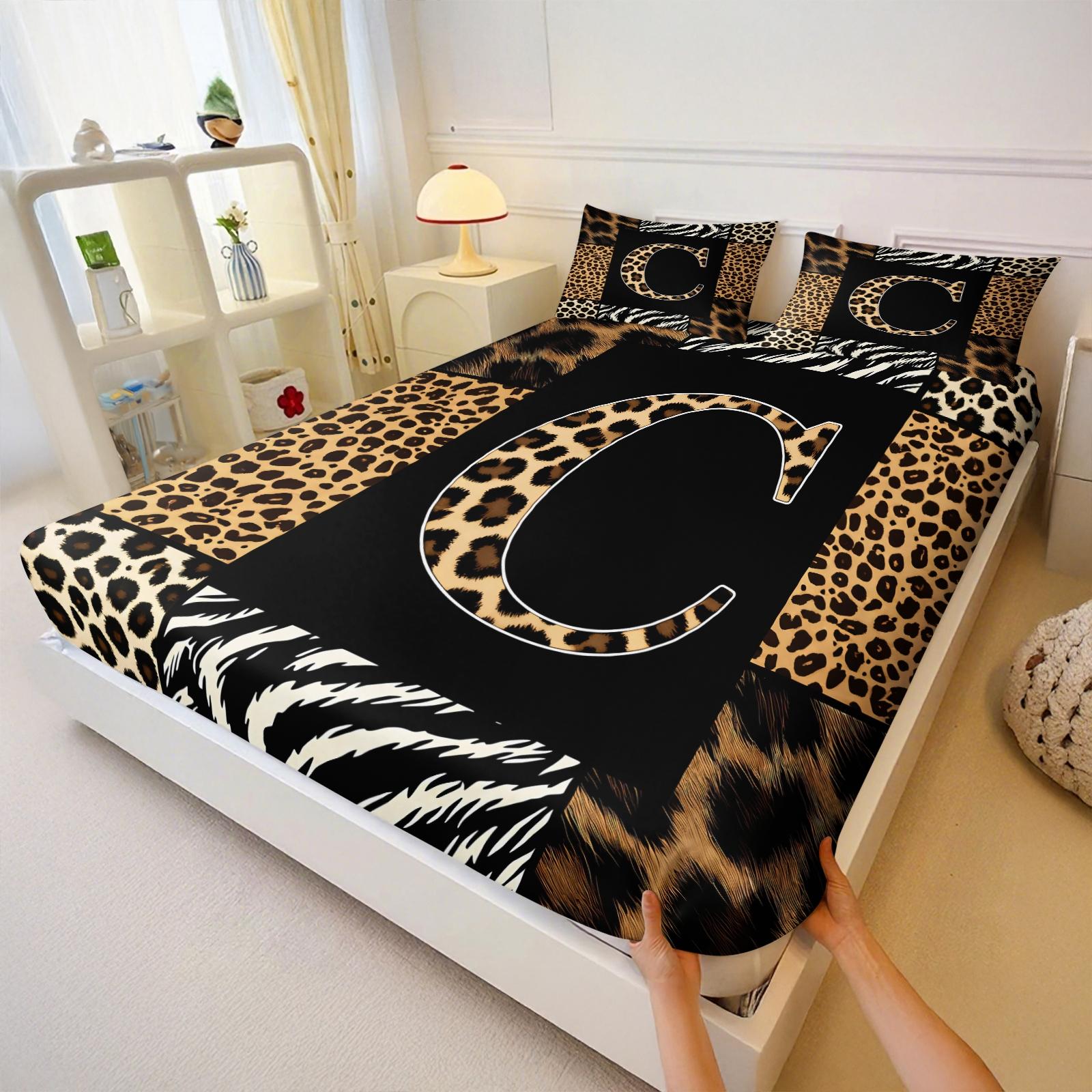 3Pcs Trendy Wild Leopard Zebra Patchwork Letter A-Z Fitted Sheet Set No Fillers, Animal Print Bed Sheet Set, Stylish Modern Bedding Set with Pillowcases, Deep Pocket Bedding for Women Girls Bedroom Decor
