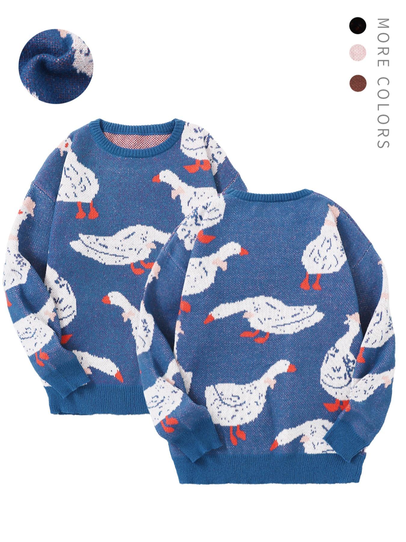 Unisex Men's Cartoon Duck Print Drop Shoulder Sweater, Fashion Round Neck Long Sleeve Jumper, Men Clothing for Daily Wear, Knitwear