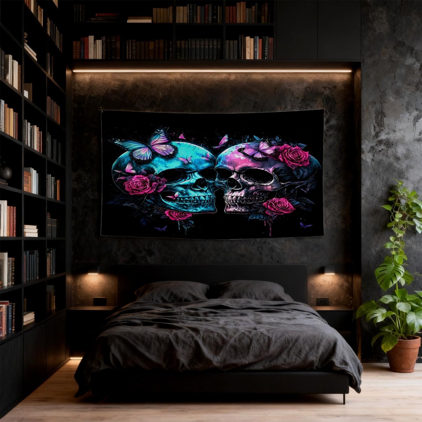 Neon Skull & Rose Print Tapestry, Gothic Aesthetic Style, Vivid & Fade-Resistant, Personalized Home Decor, Ideal for Bedroom, Living Room & Dorm, Perfect Keepsake Gift
