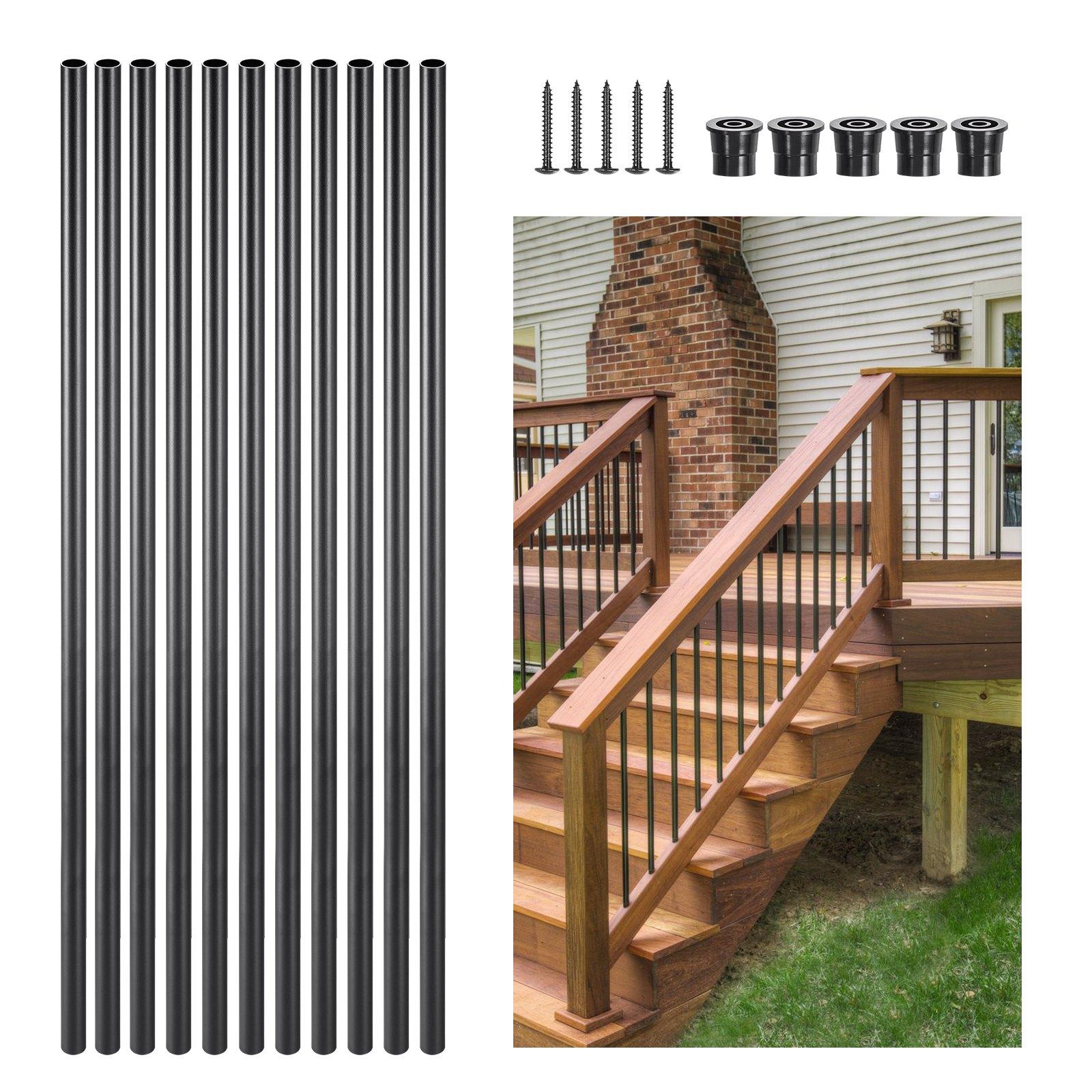 VEVOR Staircase Balusters 101 Pack, 32 In Aluminum Stair Balusters, 3/4 In Water-Proof Round Metal Spindle Railing, Hollow Deck Railing with Rail Caps Screws for Stairs, Porch, Patio, Fence, Black