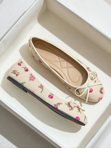 Women's Bowknot Woven Slip-On Ballet Flats, Round Toe Low Heel Embroidered Floral Design, Fashionable Autumn Winter Single Shoes