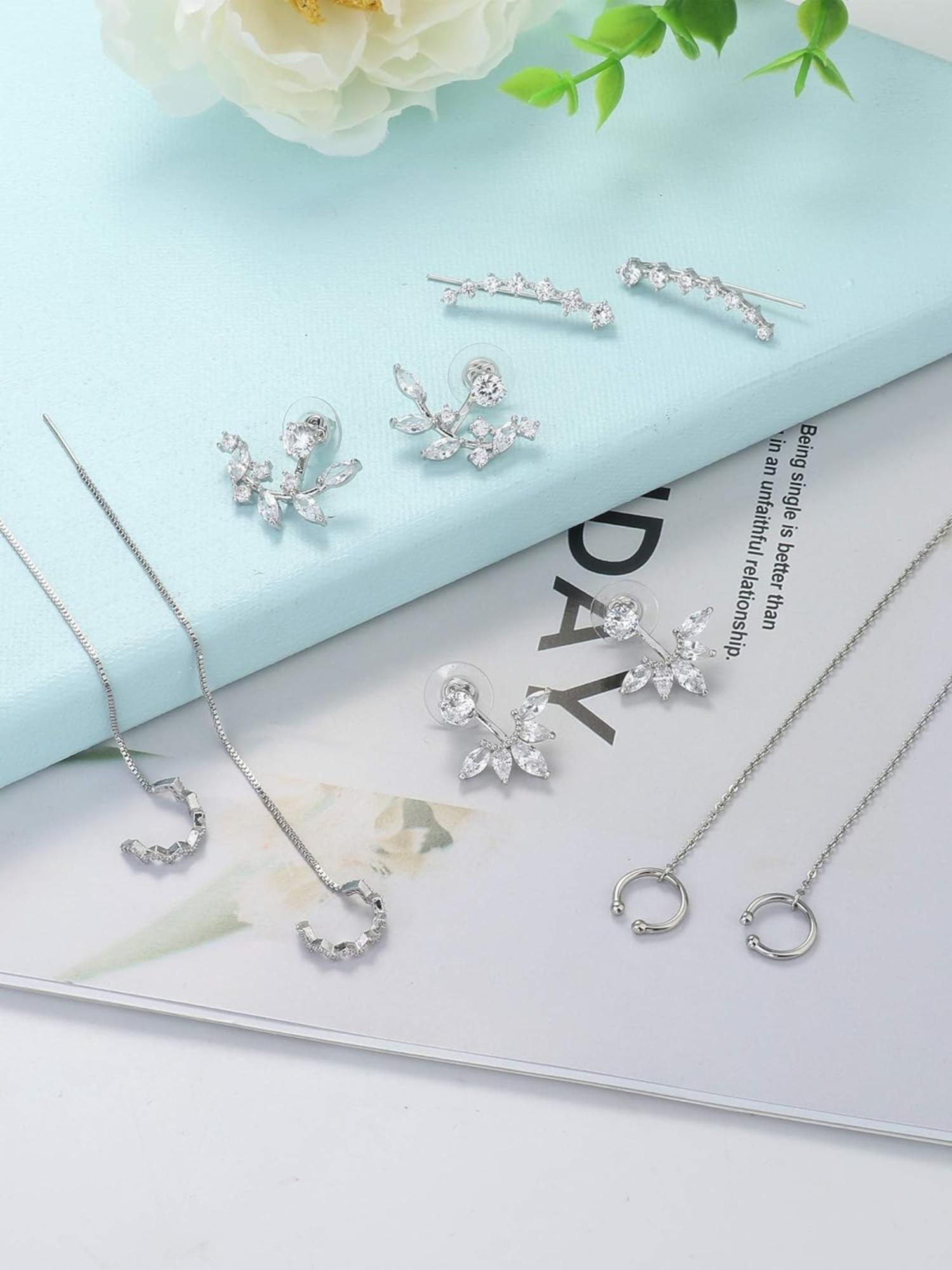 5 Pairs Rose Golden Silvery Minimalist Earring Set for Women Men Chain Threader Wrap Tassel Ear Cuffs Ear Climbers Lotus Flower Jackets Sleek Understated Style Lightweight Skin-Friendly for Daily Wear Work Dates Various Casual Formal Occasions