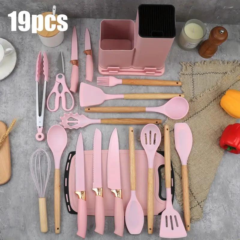 19pcs Silicone Kitchen Utensil Set With WoodenHandles,Heat-Resistant Non-Stick Cooking ToolsIncludes Elegant Knives And Storage Organizer-Easy Cooking & Cleaning For Home And KitchenLight Green Steel Spatulas Stainless Board Pasta Spoon Utility