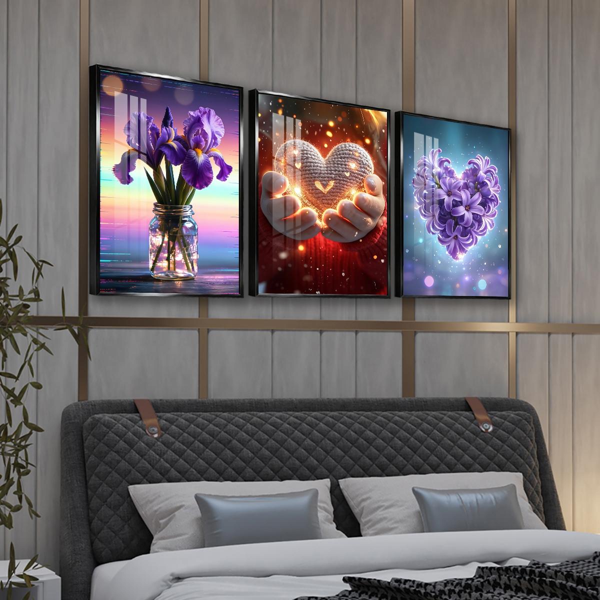 3 Counts Aluminum Alloy Framed Painting, Purple Irises And Glowing Heart Flower Art Pictures, Home Decoration For Living Room, Bedroom, Office, Restaurant, Hallway Wall Decor, Odorless Print Artwork, Luxury Perfect Gift For Friends And Family