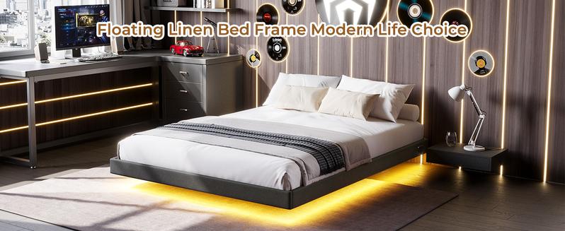 Floating Bed Frame Twin/Full/Queen Size with RGB LED Lights and Type-C&USB Ports, Linen Upholstered Platform Bed with Wood Slats Support, No Box Spring Needed,Noise-Free,Easy Assembly,Dark Gray