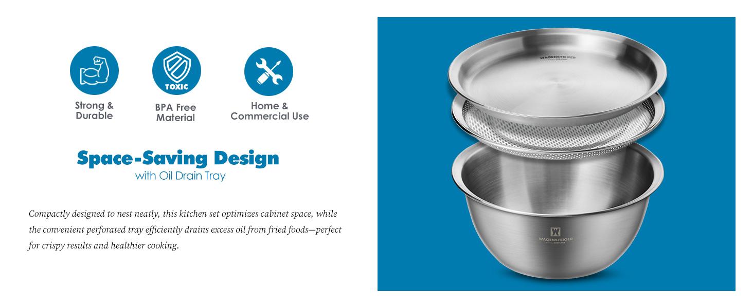 3-Piece Stainless Mixing Bowl Set with Strainer & Oil Drain Tray – Nesting Prep & Baking with Measurement Marks (9.45 in) 3-Piece Stainless Mixing Bowl Set with Strainer & Oil Drain Tray – Nesting Prep & Baking with Measurement Marks (9.45 in)