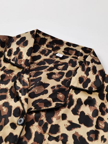 Women's Leopard Print Satin Pajama Set, Heart Jacquard Striped Sleepwear, Casual Short Sleeve Button Front Top & Elastic Pants