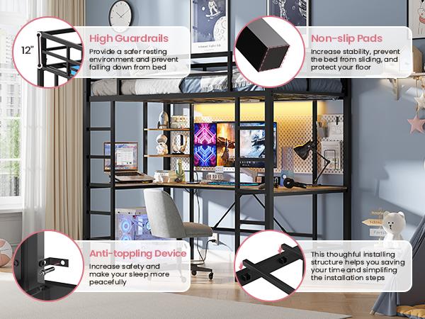 Hasuit Twin Size Loft Bed with Desk U-Shaped | Heavy Duty Metal Frame & Built-in Charging Station | RGB APP-Controlled LED Lights, Safety Guardrails + Open Shelves | No Box Spring Needed Easy Diy Assembly