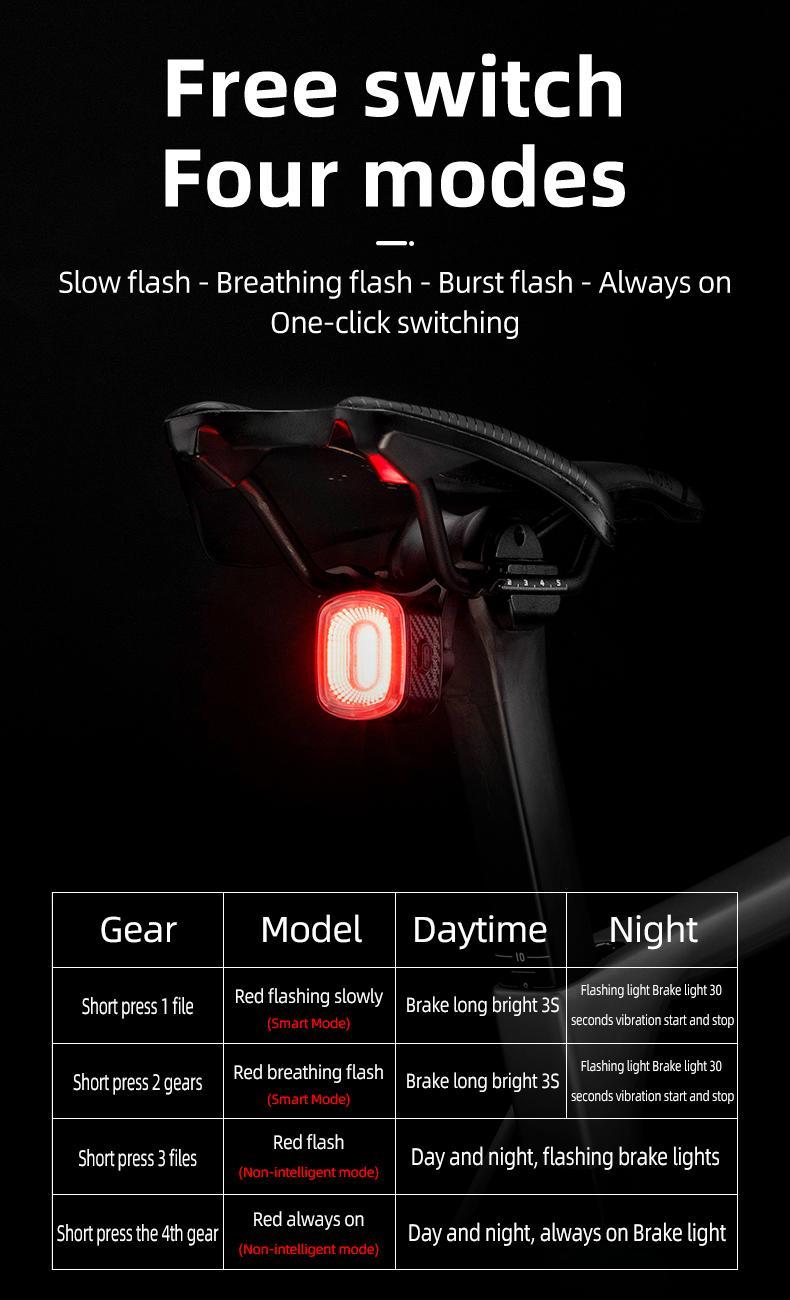 ROCKBROS Bicycle IPX6 Waterproof Taillight Type-C Rechargable Light Smart Auto Brake Sensing LED Rear light Q2S Bike Accessories ROCKBROS Bicycle IPX6 Waterproof Taillight Type-C Rechargable Light Smart Auto Brake Sensing LED Rear light Q2S Bike Accessories