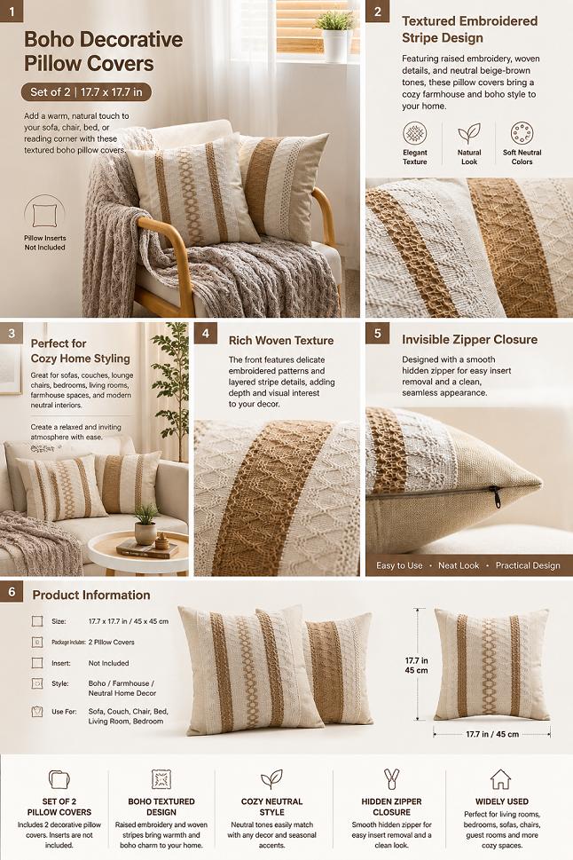 DRAGUE Boho Throw Pillow Covers, 17.7x17.7 in Set of 2 Beige Brown Farmhouse Textured Embroidered Striped Cushion Covers for Couch, Bedroom Home Decor (No Inserts Included)