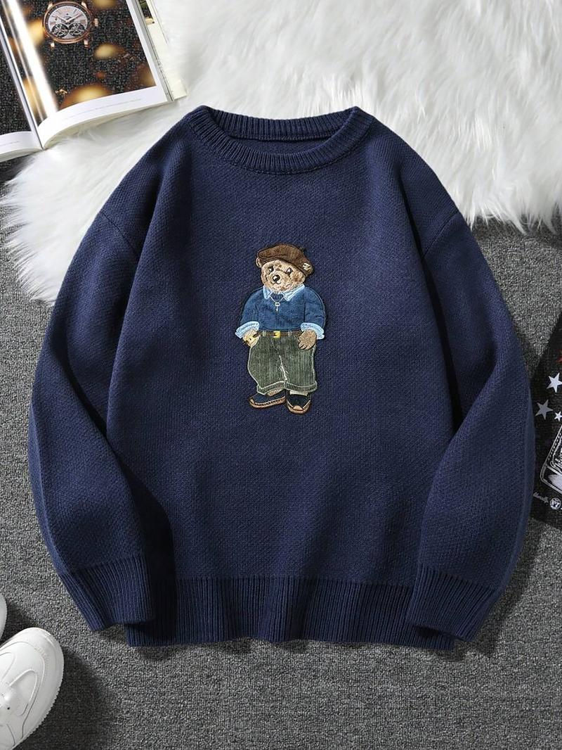 Unisex Fall Winter New Cartoon Bear Embroidered Round Neck Knit Pullover, Casual Comfy Pullover, Casual Comfortable College Style Sweater, Elegant Fashion Top