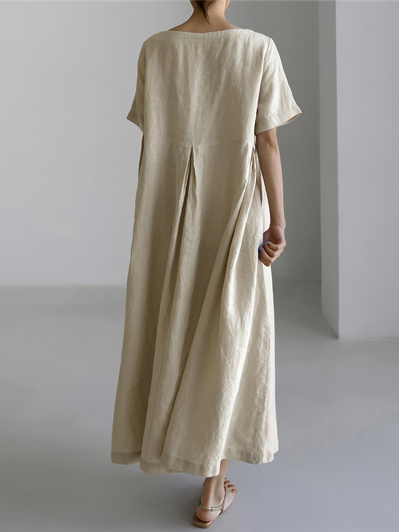 Plus Size Solid Color Loose Dress, Casual Pocket Short Sleeve Crew Neck Long Length Dress For Spring & Summer, Women's Plus Size Clothing